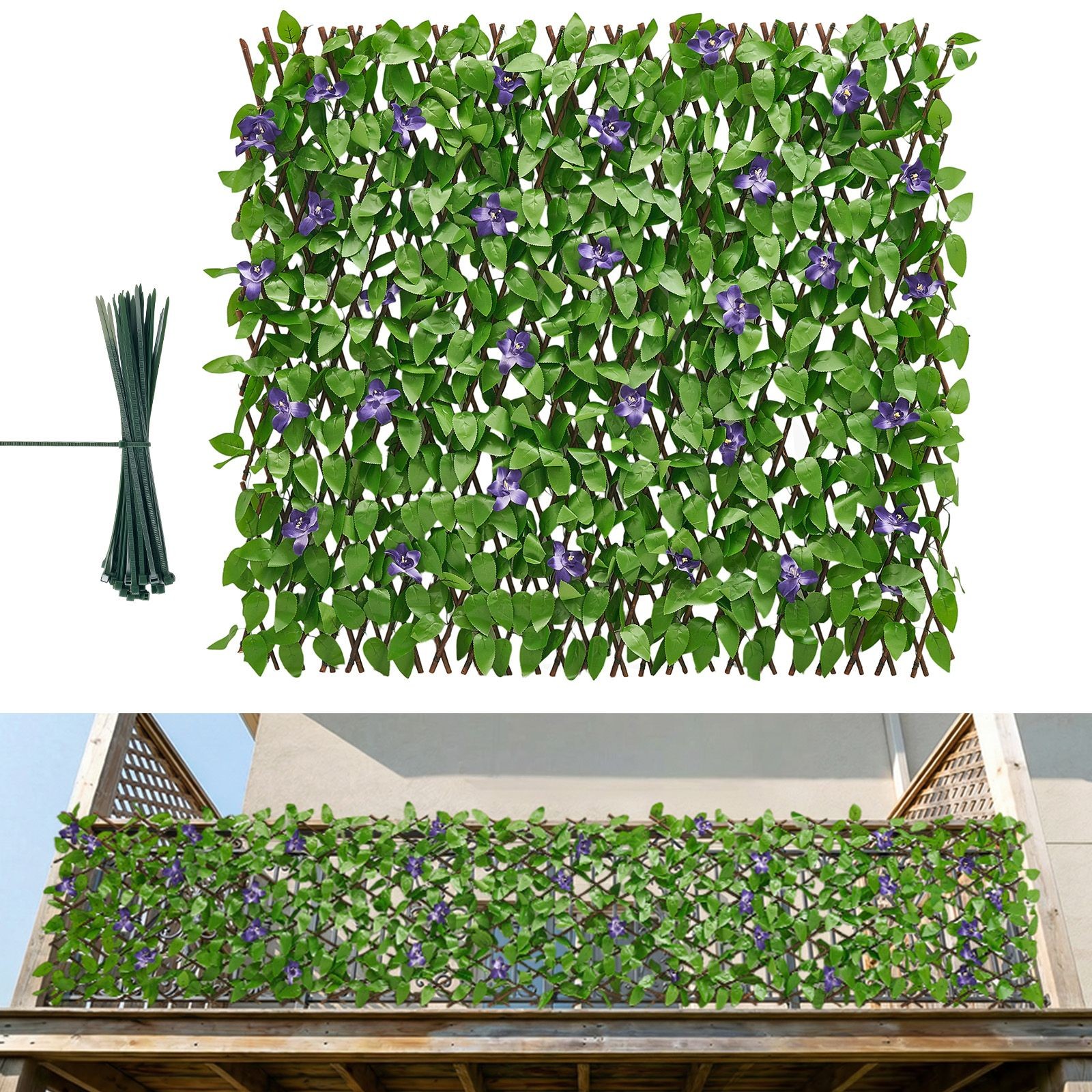 Expandable Artificial Ivy Privacy Screen with Zip Ties for Patio