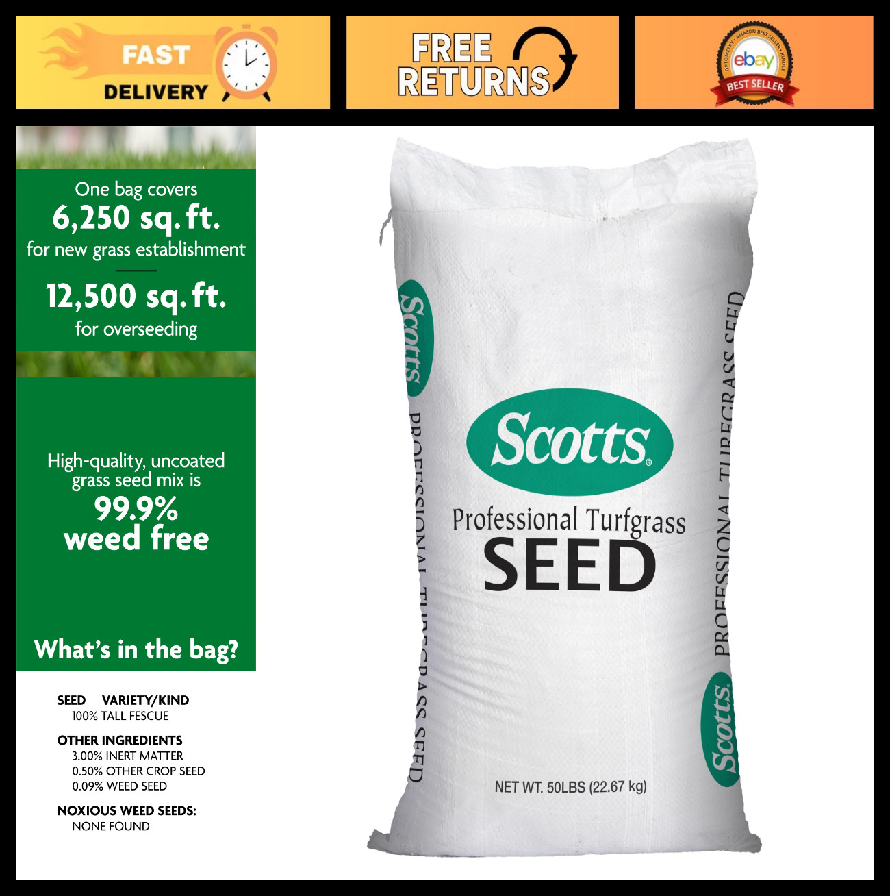Premium Tall Fescue Grass Seed Mix 50 lbs – Uncoated, 99.9% Weed Free, Bulk Turf
