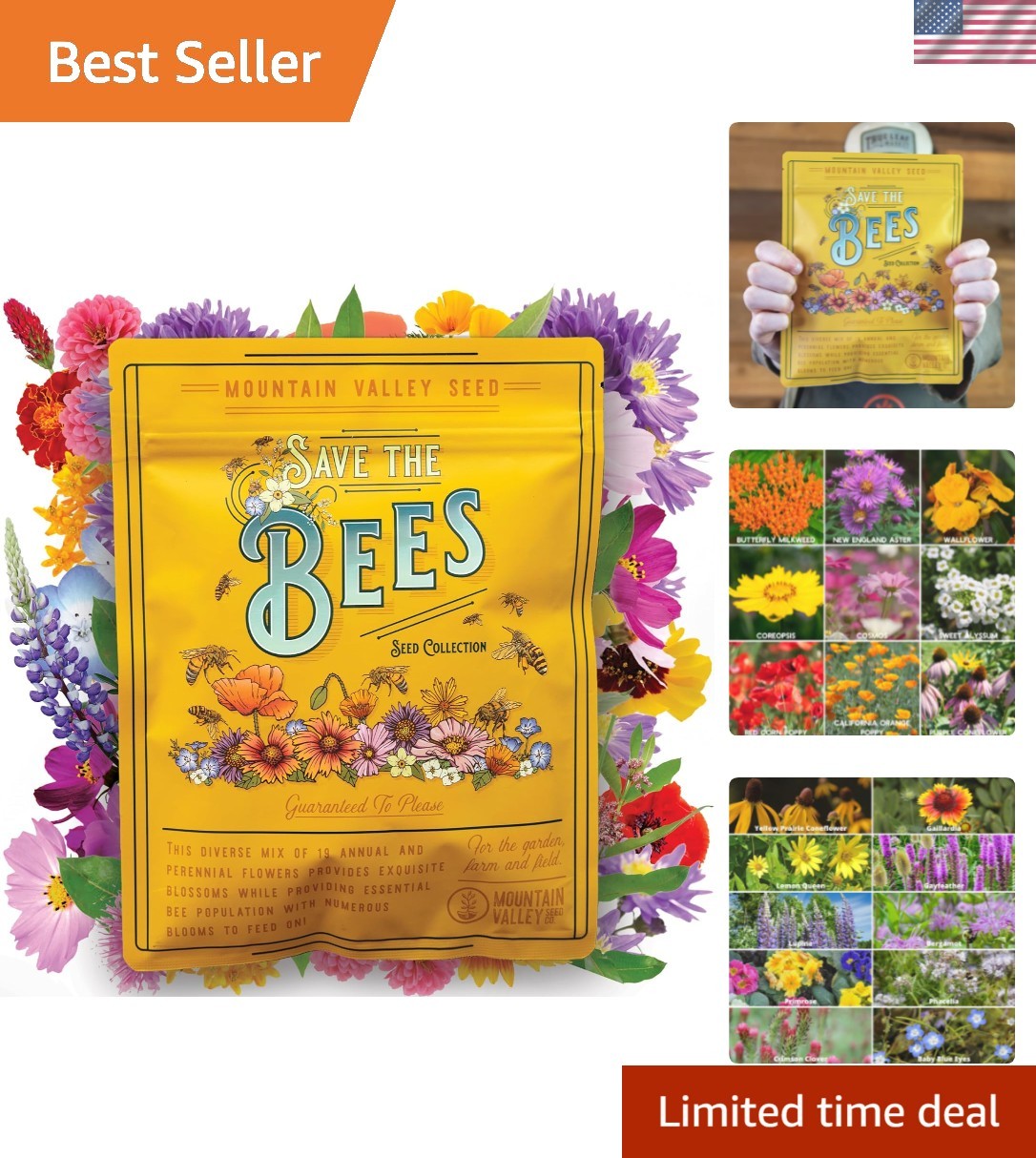Wildflower Seeds Bulk, 2 Oz. 80,000+ Seeds – Save the Bees Mix with 19 Non-GM…
