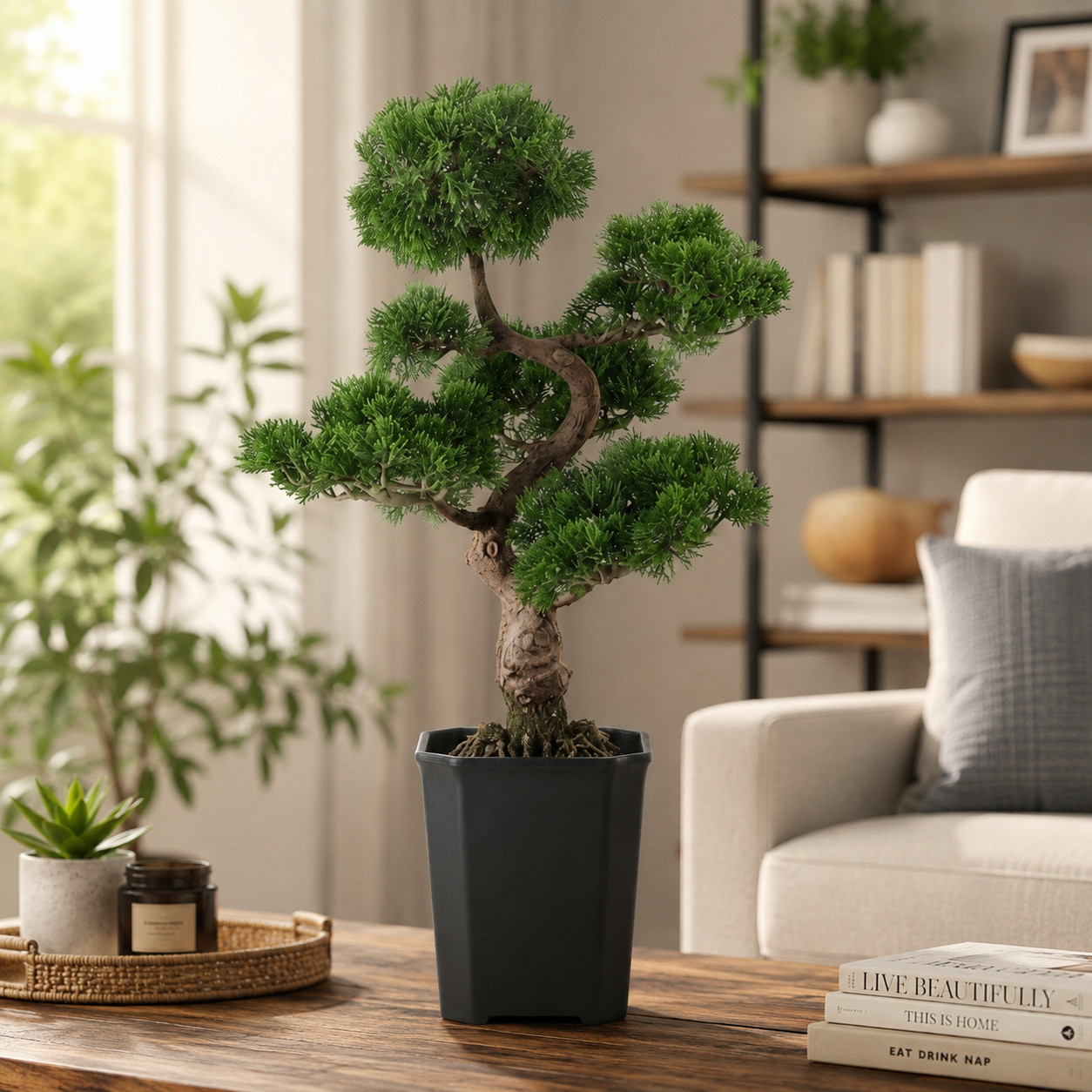 Artificial Cedar Bonsai Tree Large Faux Bonsai in Decorative Planter Zen Hom 36″