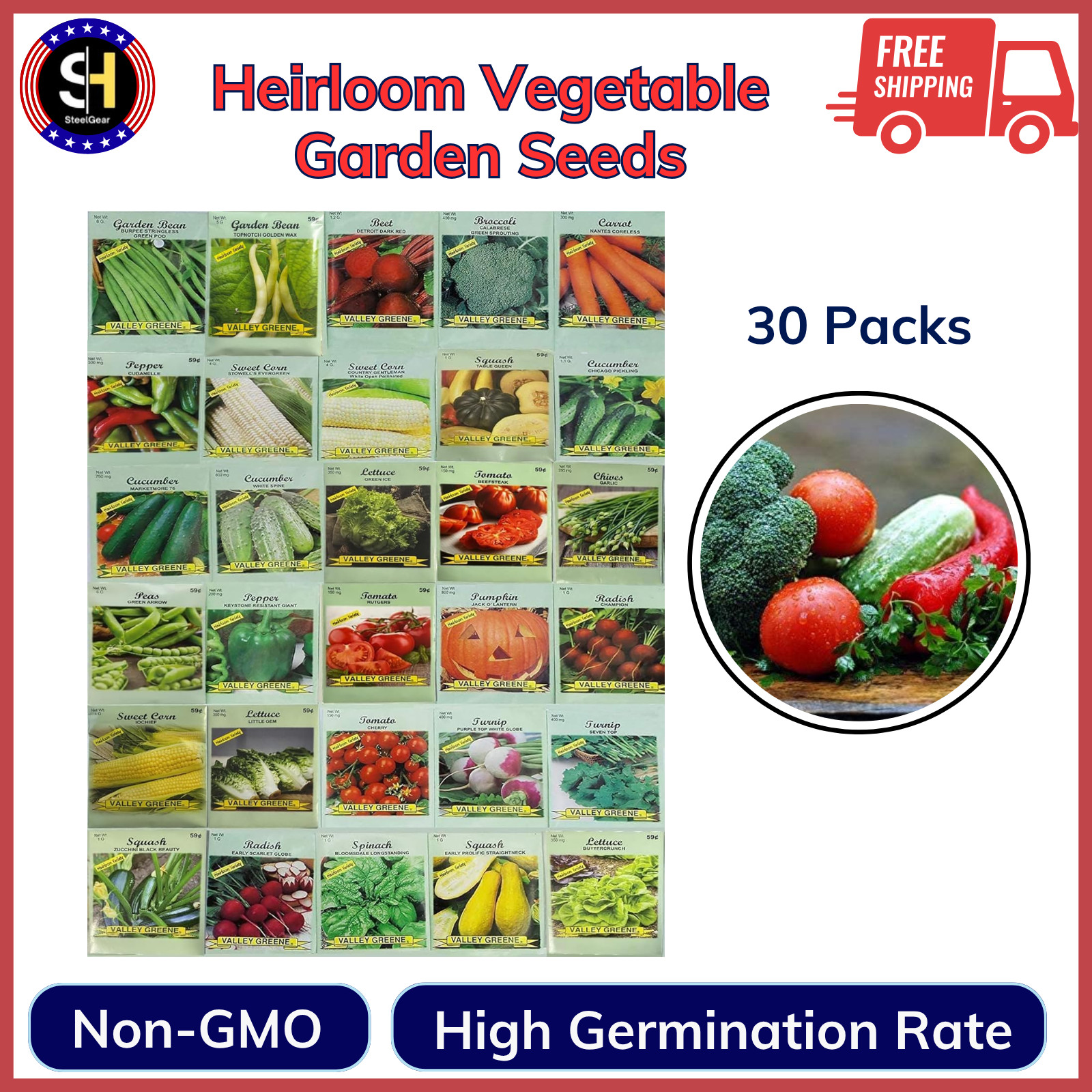 30 Packs of Deluxe Heirloom Vegetable Garden Seed Non-GMO, High Germination Rate