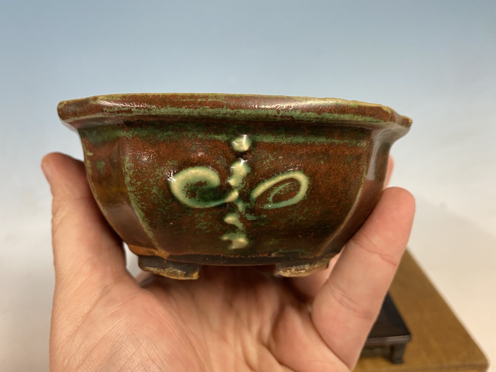 Green Red Glazed Shohin Size Bonsai Tree Pot Heian Kosen 4 7/8”