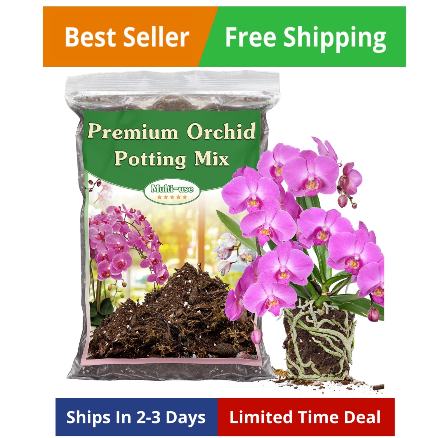 Orchid Potting Mix, 1 Quart, Well-Draining Bark, Moss, Perlite, Coco Peat, Pine