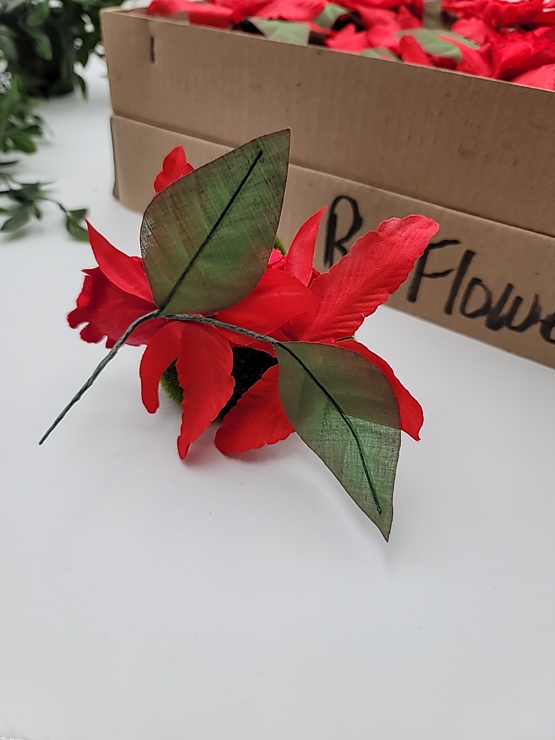 36 Double Stems Silk Flowers Red Cattleya Laelia Orchids 8 Inches New In Box