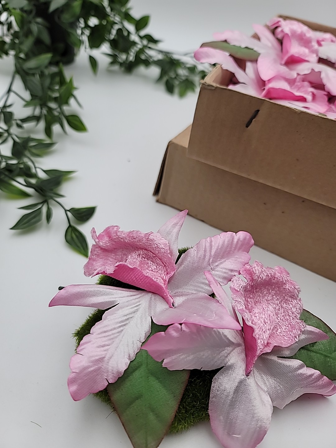 36 Double Stems Silk Flowers Pink Cattleya Laelia Orchids 8 Inches New In Box