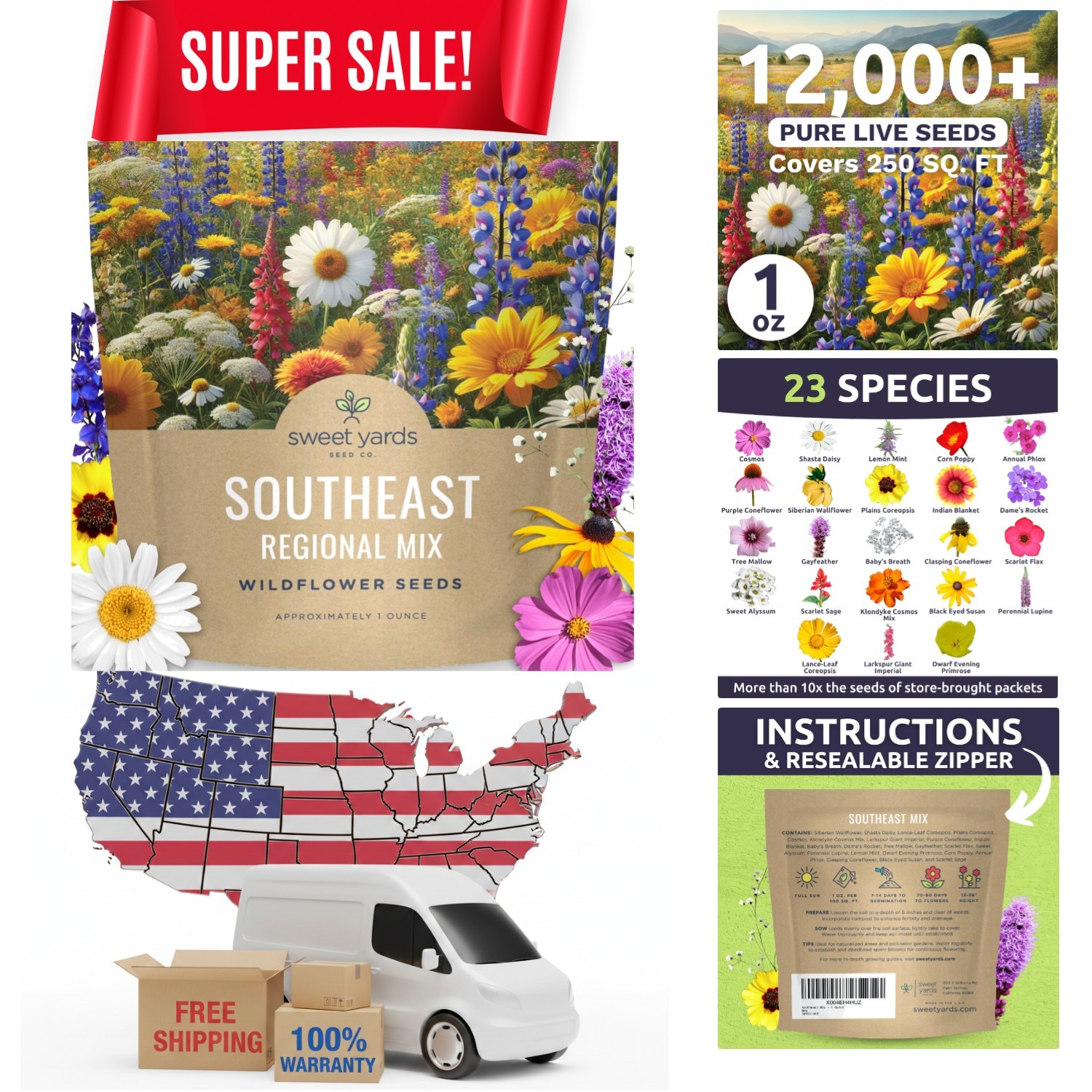 Southeast Regional Wildflower Mix – 1 Oz Pack with 12,000 Seeds for Lush Gardens