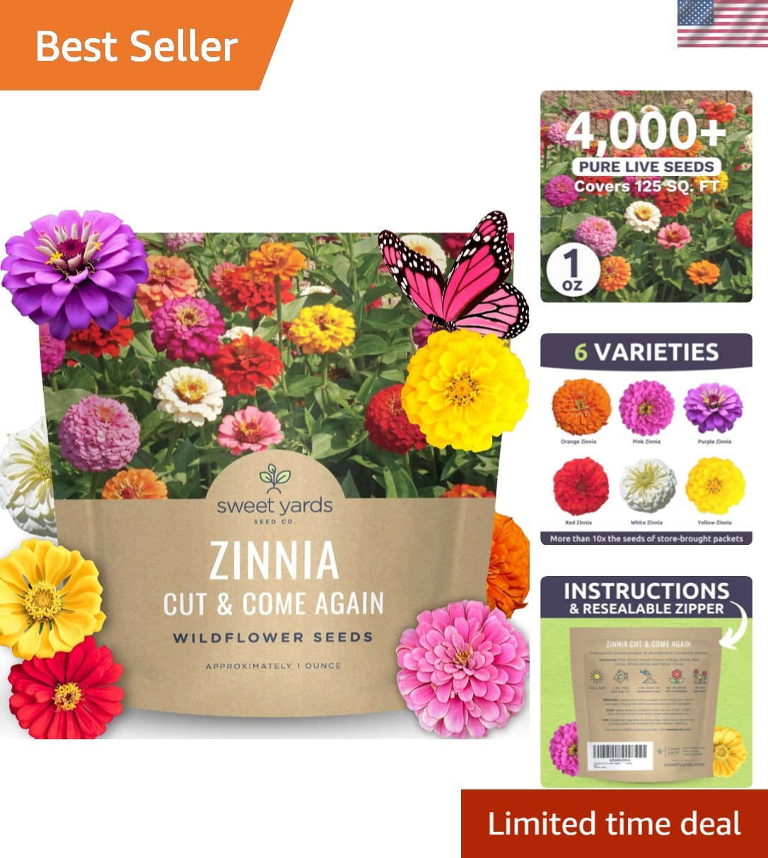 Zinnia Cut & Come Again Mix – Large 1 Ounce Packet – 4,000 Flower Seeds for P…