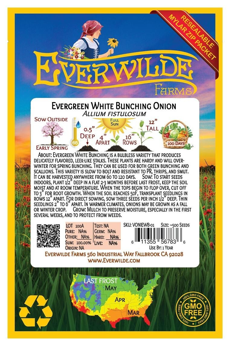 500 Evergreen White Bunching Onion Seeds – Everwilde Farms Mylar Seed Packet