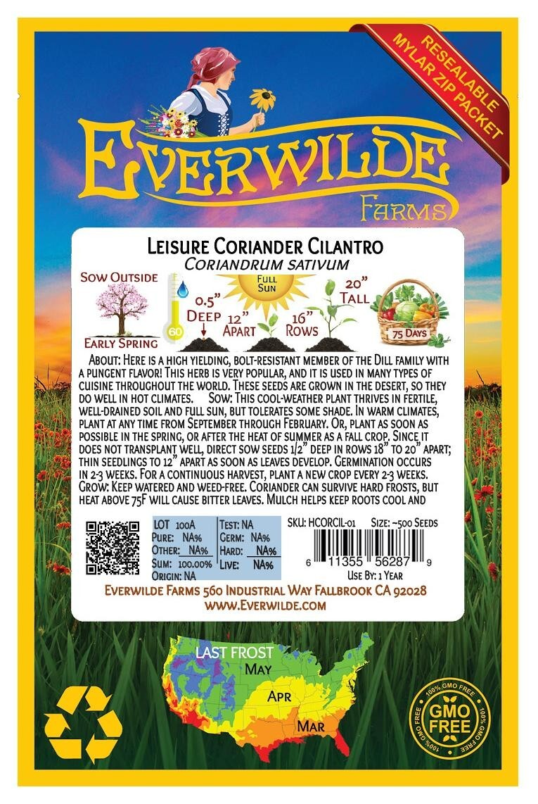 1 Oz Leisure Coriander Cilantro Herb Seeds – Everwilde Farms Mylar Seed Packet