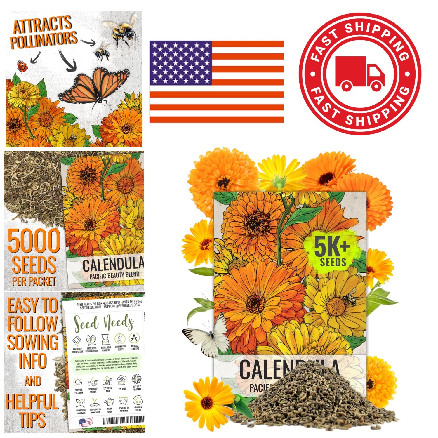 5000 Seeds Calendula Officinalis Pacific Beauty Mix Pollinator Friendly Flowers