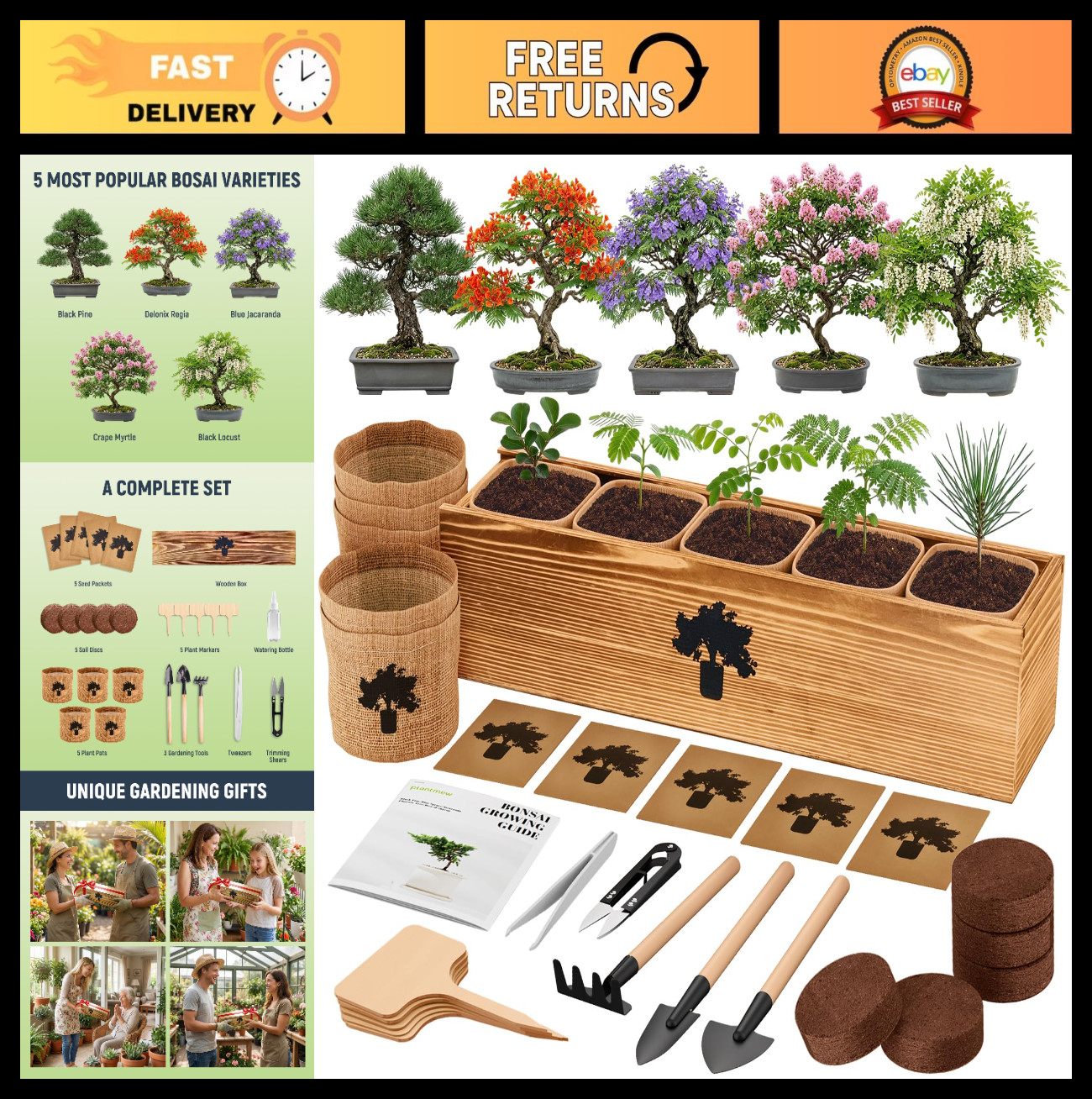 Complete Indoor Bonsai Tree Kit – 5 Unique Seeds, Tools & DIY Gardening Gift