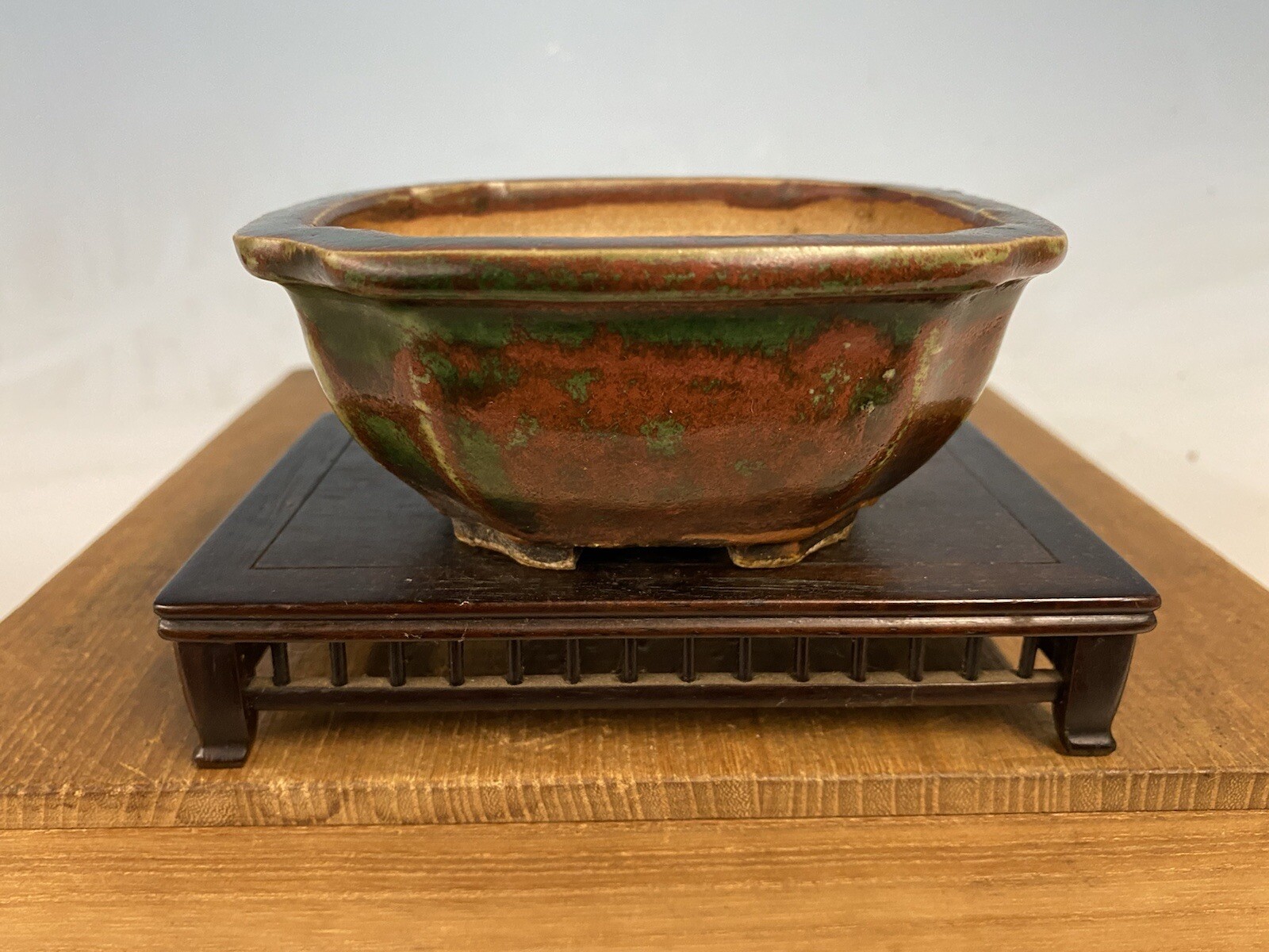 Green Red Glazed Shohin Size Bonsai Tree Pot Heian Kosen 4 7/8”