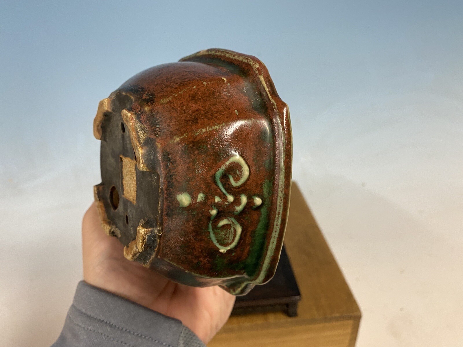 Green Red Glazed Shohin Size Bonsai Tree Pot Heian Kosen 4 7/8”