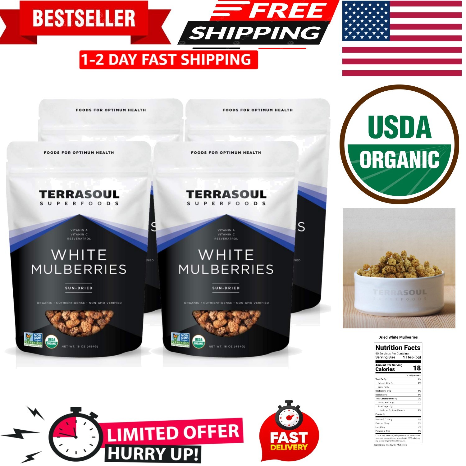Organic Sun-Dried White Mulberries – 4 Lbs Pack (Sweet Snack), Nutritious
